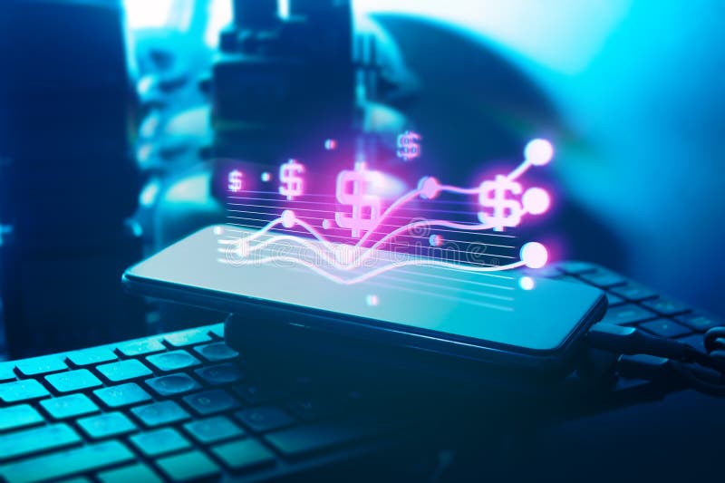 La mano de un empresario interactivo tocando una holografía de una tecnología de red financiera de dinero en dólares foto de archivo libre de regalías