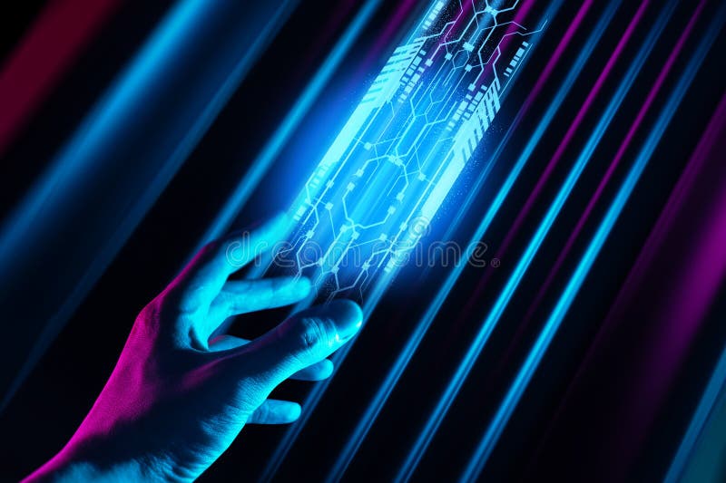La mano de un empresario interactivo tocando una imagen holográfica de una red financiera foto de archivo libre de regalías
