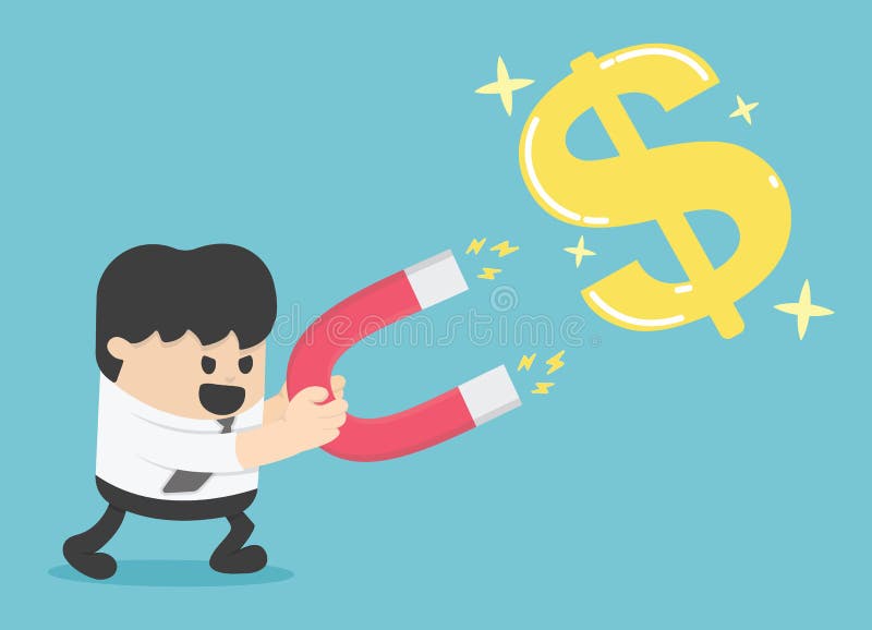La mano del concepto del hombre de negocios usando un imán para atraer el oro del dinero hace libre illustration La mano del concepto del hombre de negocios usando un imán para atraer el oro del dinero hace libre illustration