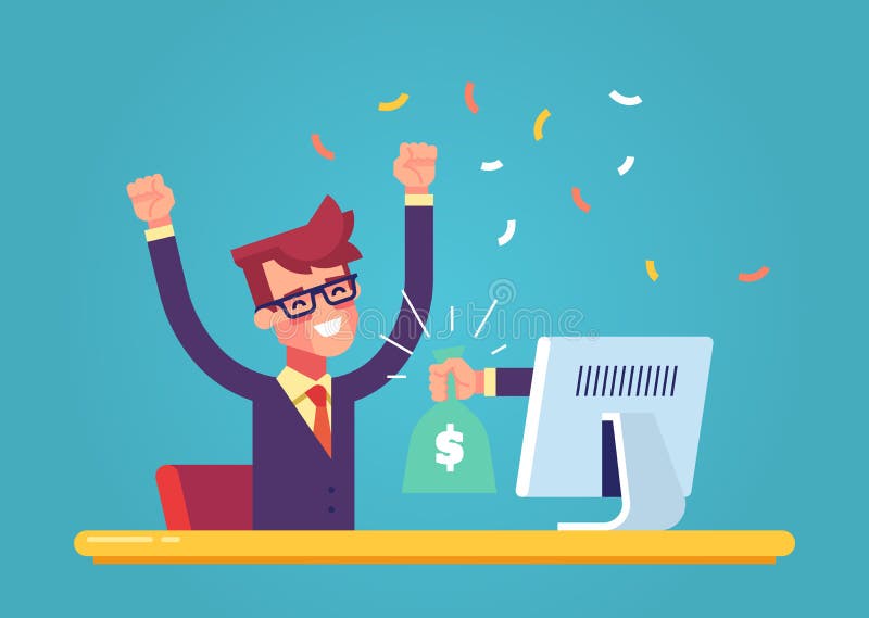 La mano del monitor estira un bolso del dinero a un hombre feliz Concepto de ganancias en Internet Vector libre illustration La mano del monitor estira un bolso del dinero a un hombre feliz Concepto de ganancias en Internet Vector libre illustration