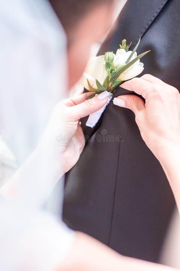 La mano della sposa mette un fiore di boutonniere sulla giacca dello sposo La sposa mette un buco di fianco su una tuta da sposo fotografia stock libera da diritti La mano della sposa mette un fiore di boutonniere sulla giacca dello sposo La sposa mette un buco di fianco su una tuta da sposo fotografia stock libera da diritti