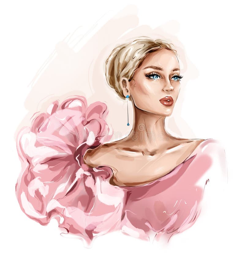 La mano dibujó hermosa mano dibujó a una bella joven mujer con vestido rosa Chica elegante Aspecto de mujer de moda Esbozo