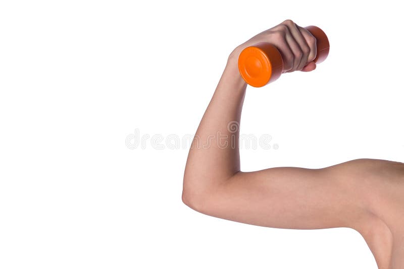 La mano femenina con pesa de gimnasia, bíceps tenso muscle fotos de archivo libres de regalías La mano femenina con pesa de gimnasia, bíceps tenso muscle fotos de archivo libres de regalías