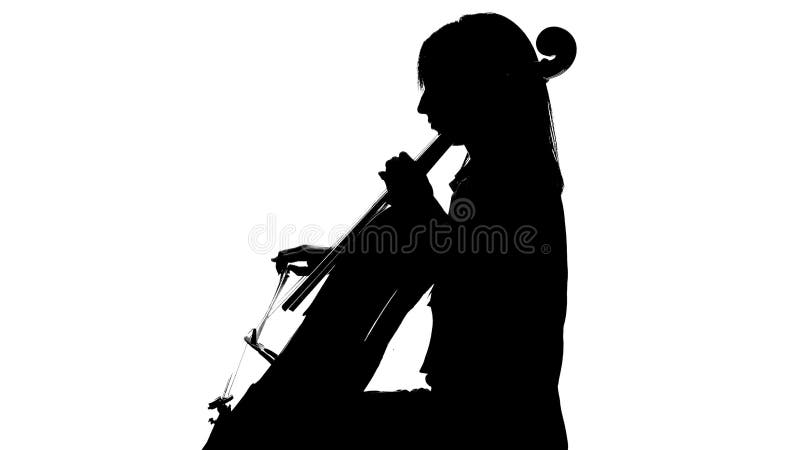 La mano femenina juega con un arco en un violoncelo en el estudio blanco Fondo blanco Vista lateral Silueta