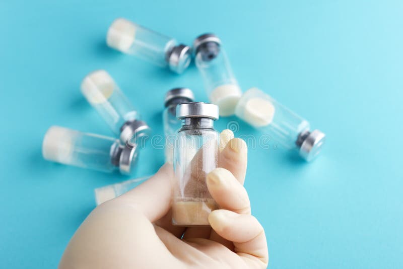 La mano in guanto medico tiene Bifidobacterium asciutto fotografia stock La mano in guanto medico tiene Bifidobacterium asciutto fotografia stock