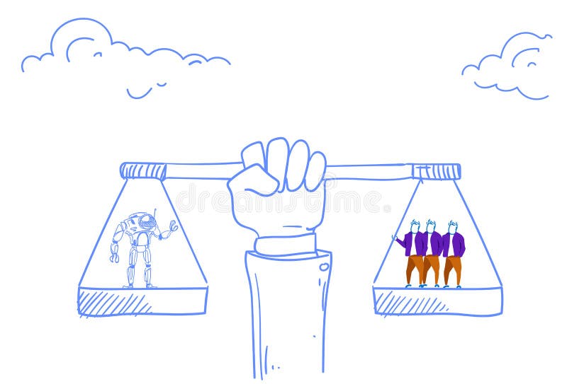 La mano humana que lleva a cabo la balanza escala al ser humano contra garabato moderno del bosquejo del concepto de la inteligen stock de ilustración La mano humana que lleva a cabo la balanza escala al ser humano contra garabato moderno del bosquejo del concepto de la inteligen stock de ilustración
