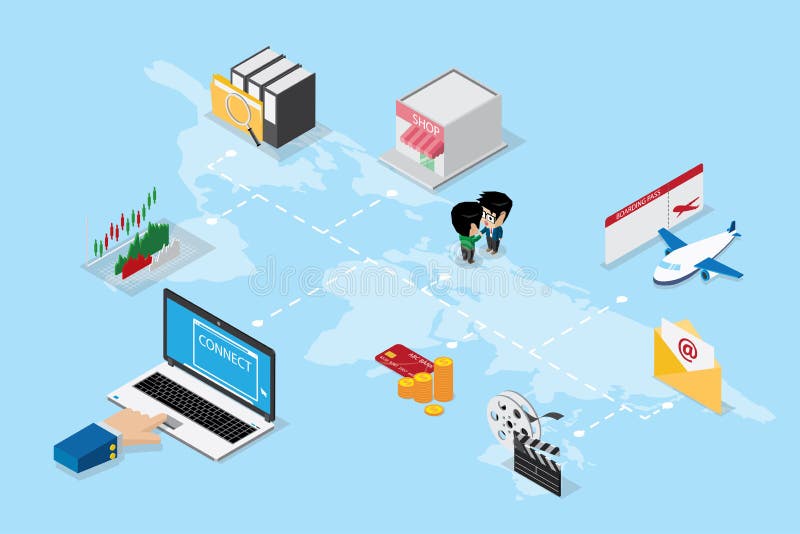 La mano isometrica di affari facendo uso del computer portatile ad online e collega il mondo illustrazione vettoriale La mano isometrica di affari facendo uso del computer portatile ad online e collega il mondo illustrazione vettoriale