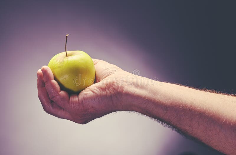 La mano maschio tiene la mela verde immagine stock libera da diritti La mano maschio tiene la mela verde immagine stock libera da diritti