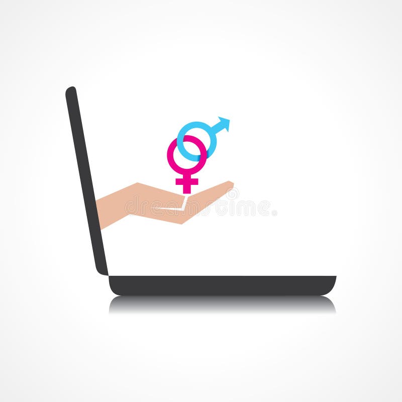 La mano que lleva a cabo los símbolos masculinos y femeninos viene de la pantalla del ordenador portátil ilustración del vector La mano que lleva a cabo los símbolos masculinos y femeninos viene de la pantalla del ordenador portátil ilustración del vector