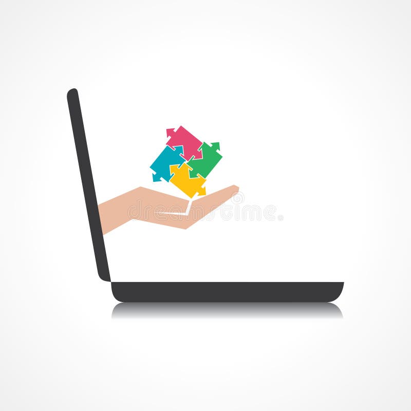 La mano que lleva a cabo pedazos del rompecabezas viene de pedregal del ordenador portátil libre illustration La mano que lleva a cabo pedazos del rompecabezas viene de pedregal del ordenador portátil libre illustration