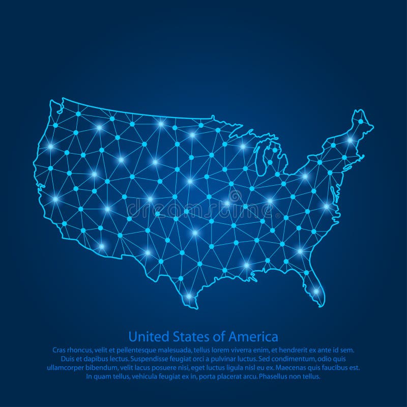 La mappa astratta di U.S.A. ha creato dalle linee, dai punti luminosi e dai poligoni sotto forma di cielo stellato, di spazio e d