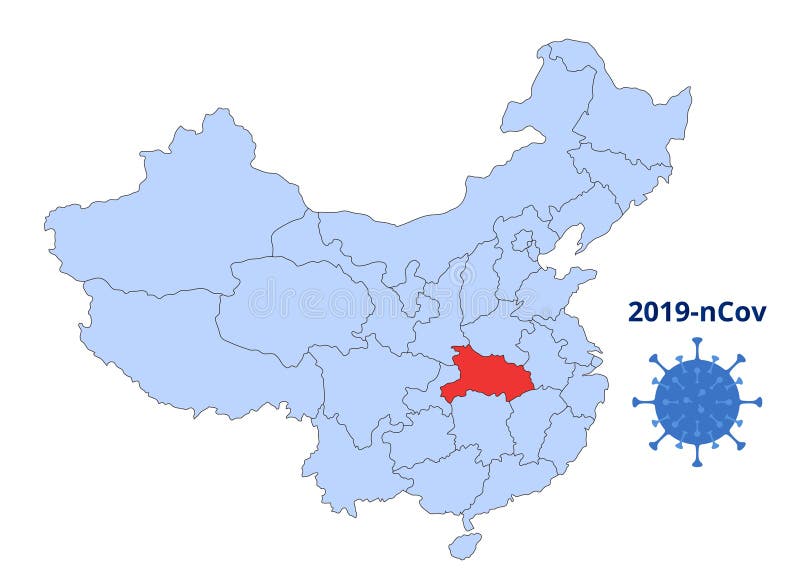 La mappa blu della Cina con il rosso Wuhan Fonte di distribuzione del nuovo coronavirus 2019-nCoV COVID 2019 2019 illustrazione vettoriale La mappa blu della Cina con il rosso Wuhan Fonte di distribuzione del nuovo coronavirus 2019-nCoV COVID 2019 2019 illustrazione vettoriale