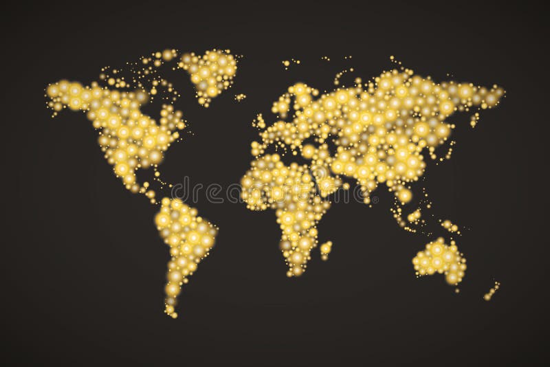 La mappa di mondo ha composto dalle dimensioni differenti delle luci dorate moderne con l'ardore luminoso sul fondo scuro illustrazione di stock La mappa di mondo ha composto dalle dimensioni differenti delle luci dorate moderne con l'ardore luminoso sul fondo scuro illustrazione di stock