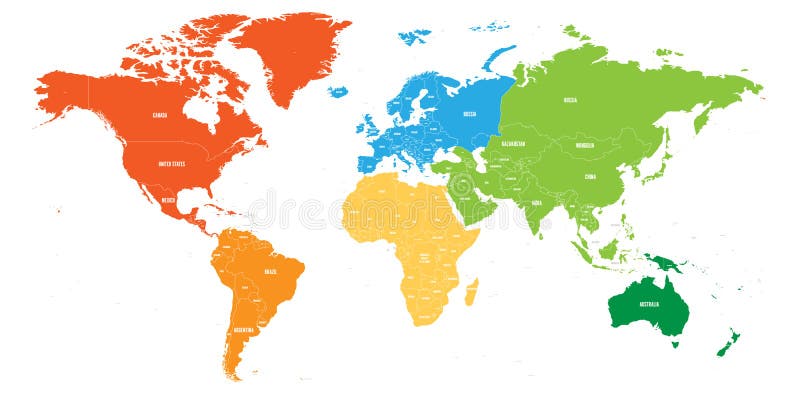 La mappa di mondo si è divisa in sei continenti Ogni continente nel colore differente Illustrazione piana semplice di vettore