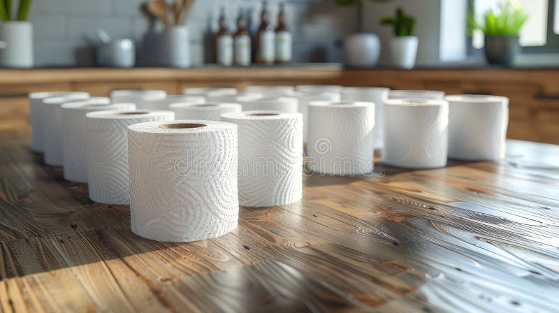 A row of numerous toilet paper rolls neatly lined up on a table. AI generated. A row of numerous toilet paper rolls neatly lined up on a table. AI generated