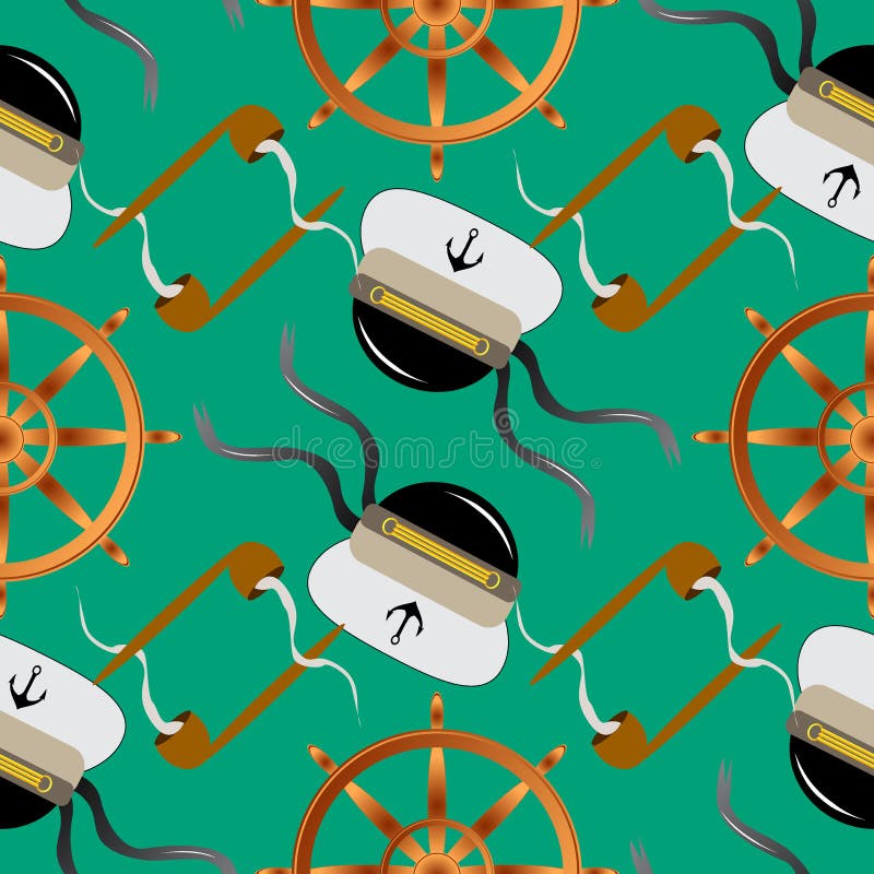 La marina senza cuciture del modello con il volante del tubo di tabacco, l'ancora ed il cappello di capitano su fondo blu vector illustrazione vettoriale La marina senza cuciture del modello con il volante del tubo di tabacco, l'ancora ed il cappello di capitano su fondo blu vector illustrazione vettoriale