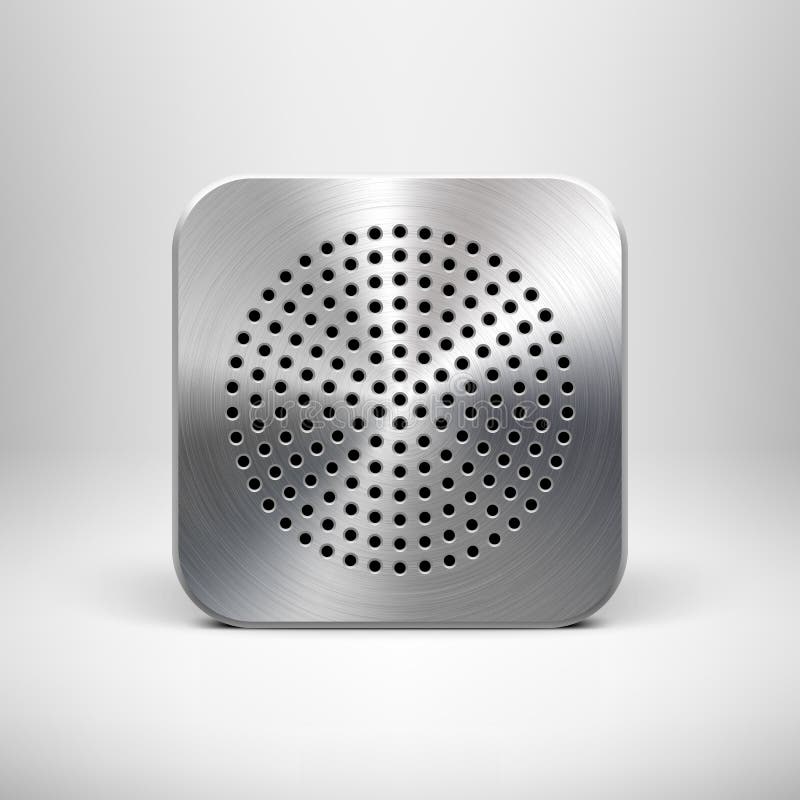 Technology app icon (button) blank template with circle perforated speaker grill metal texture (pattern), realistic shadow and light background for web user interfaces (UI) and applications (apps). Technology app icon (button) blank template with circle perforated speaker grill metal texture (pattern), realistic shadow and light background for web user interfaces (UI) and applications (apps).