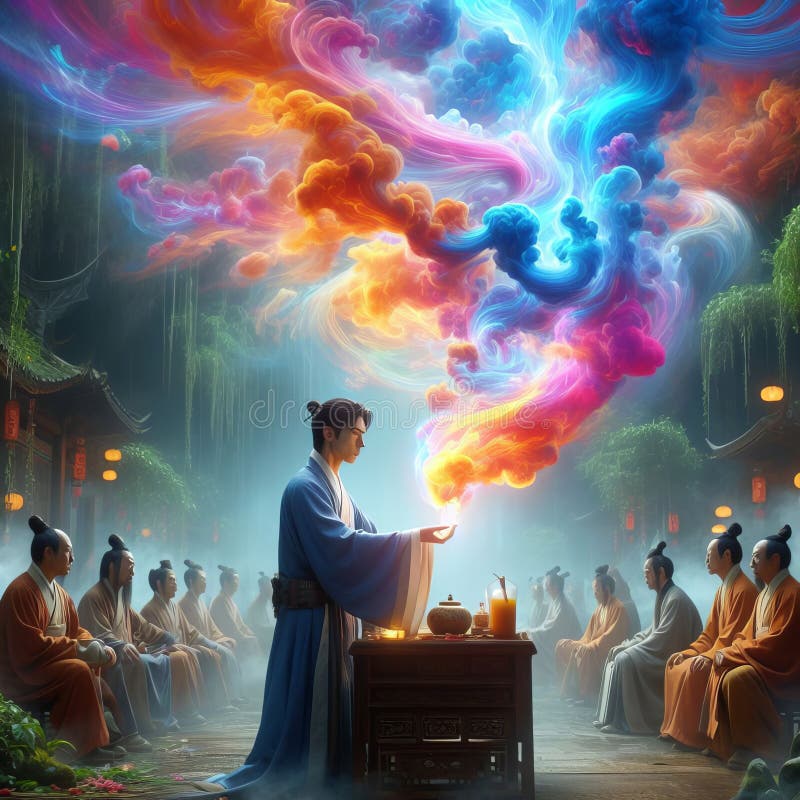 Traditional Chinese Medicine A scene where a character reads the energy of a person's body through the movement of colorful clouds, photorealistic, ci. Traditional Chinese Medicine A scene where a character reads the energy of a person's body through the movement of colorful clouds, photorealistic, ci