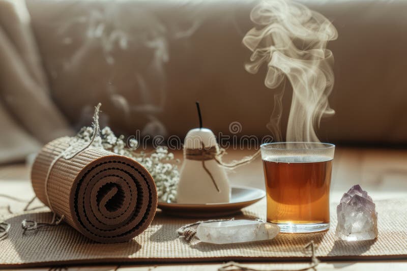 La meditazione serena è essenziale per un rituale calmante : Yoga Mat Candle Crystal e Herbal Tea fotografia stock