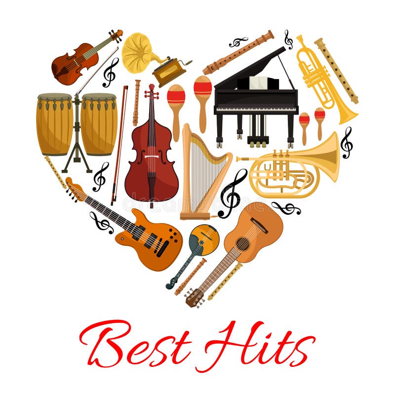 Best hits musical instruments symbol in shape of heart. Vector icons string and wind musical instruments electric and acoustic guitar, saxophone, harp, drum cymbals , violin bow, trumpet, piano, maracas. Best hits musical instruments symbol in shape of heart. Vector icons string and wind musical instruments electric and acoustic guitar, saxophone, harp, drum cymbals , violin bow, trumpet, piano, maracas