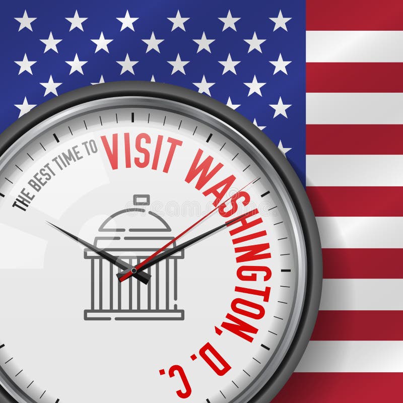 La mejor época para la visita Washington, D C Reloj del vector con lema Fondo del indicador de los E Reloj analogico Icono del ca libre illustration La mejor época para la visita Washington, D C Reloj del vector con lema Fondo del indicador de los E Reloj analogico Icono del ca libre illustration