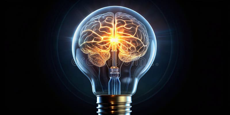 La mente illuminata Un rendering 3D di un cervello umano all'interno di una lampadina che soffia con idee e innovazione royalty illustrazione gratis