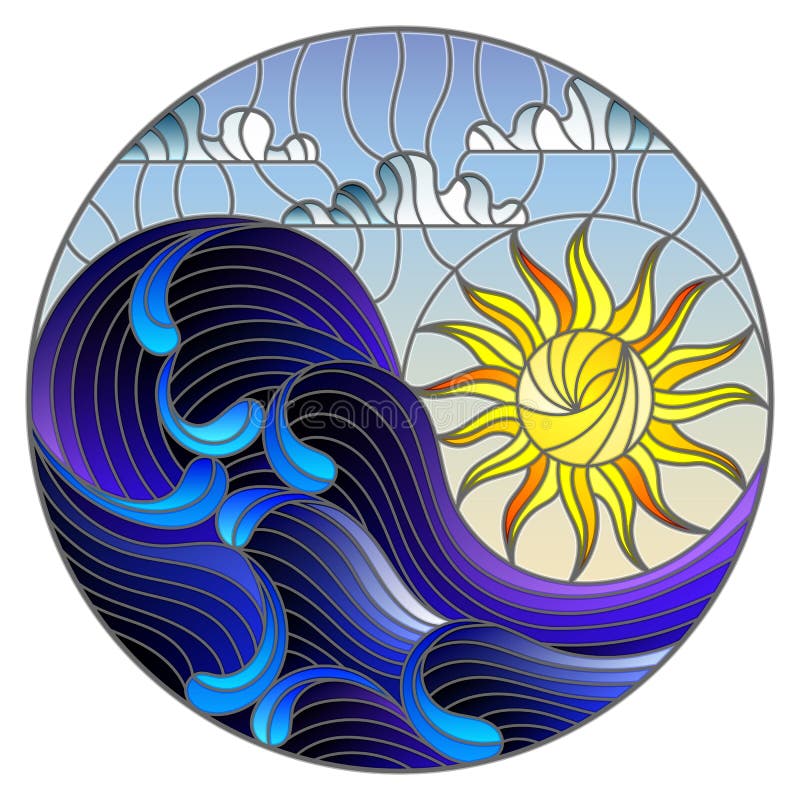 La mer de paysage d'abrégé sur illustration en verre souillé ondule sur le fond du ciel et des nuages ensoleillés, illustration r illustration de vecteur La mer de paysage d'abrégé sur illustration en verre souillé ondule sur le fond du ciel et des nuages ensoleillés, illustration r illustration de vecteur