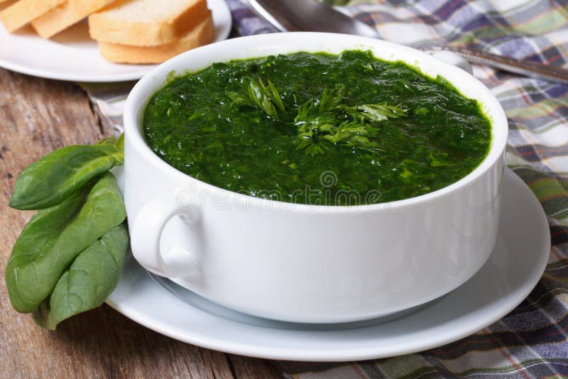 La minestra fresca degli spinaci con i crostini si chiude su sulla tavola fotografia stock libera da diritti La minestra fresca degli spinaci con i crostini si chiude su sulla tavola fotografia stock libera da diritti