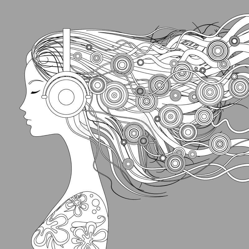 La mitad-cara de la muchacha con el pelo flojo y los elementos abstractos escuchan m libre illustration La mitad-cara de la muchacha con el pelo flojo y los elementos abstractos escuchan m libre illustration