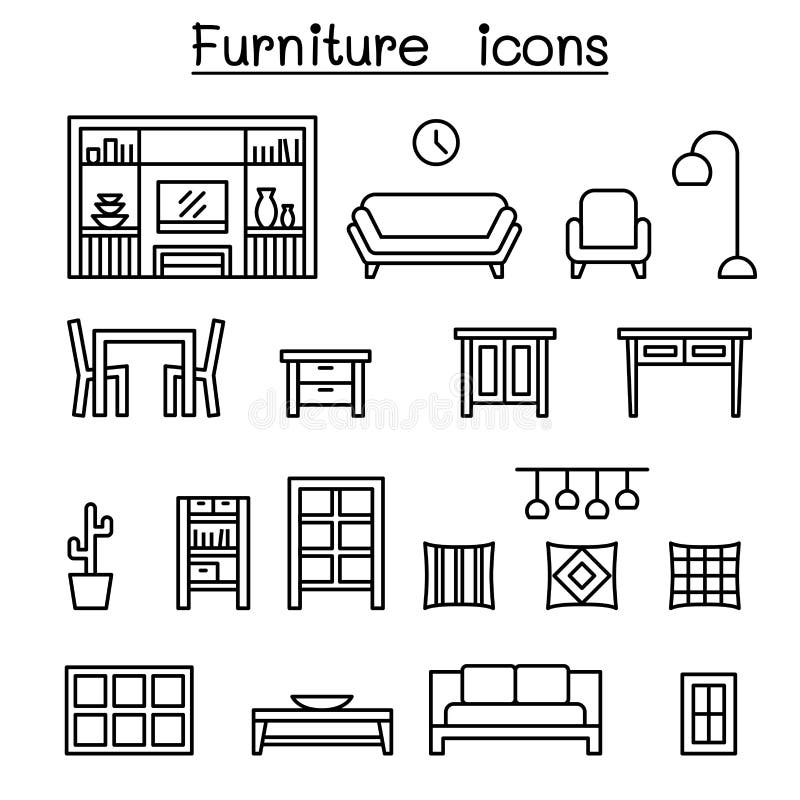 La mobilia & la casa decorano l'icona degli oggetti messa nella linea stile sottile