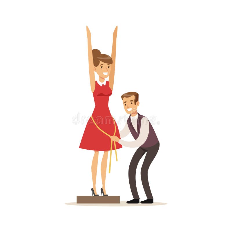 La modista de sexo masculino que toma las medidas de la mujer joven, costuras del sastre que trabajan en el taller vector el ejem libre illustration