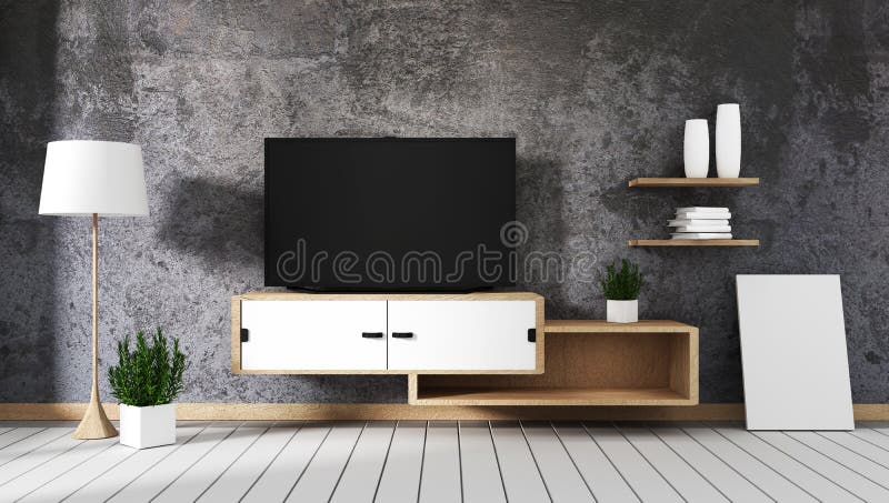 La moquerie vers le haut de la TV futée a mené sur le mur en béton avec l'armoire et l'usine en bois dans l'intérieur vide de pot illustration de vecteur La moquerie vers le haut de la TV futée a mené sur le mur en béton avec l'armoire et l'usine en bois dans l'intérieur vide de pot illustration de vecteur
