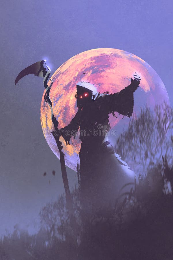 La mort avec la faux se tenant contre le ciel nocturne illustration stock La mort avec la faux se tenant contre le ciel nocturne illustration stock