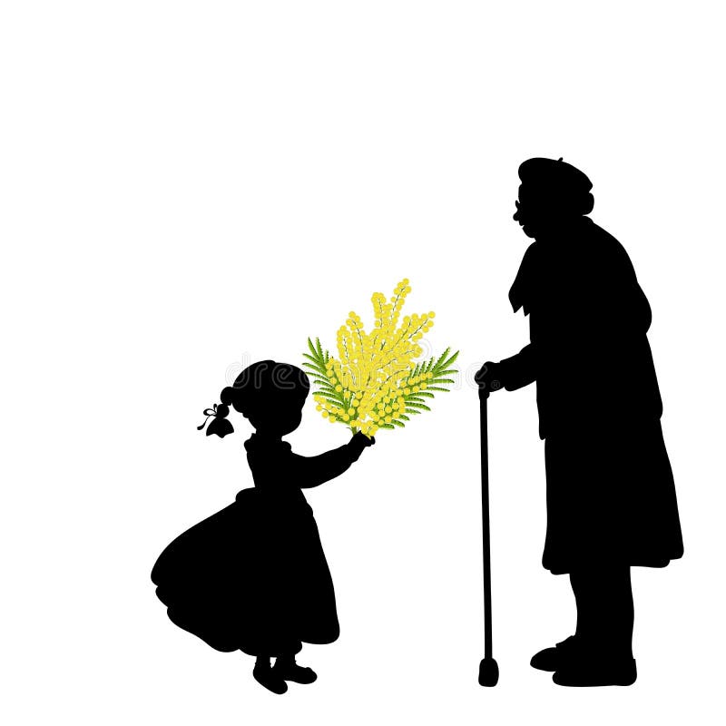 La muchacha de la silueta da las flores de la abuela ilustración del vector La muchacha de la silueta da las flores de la abuela ilustración del vector