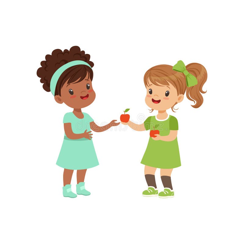 Sweet girl giving an apple to another girl, kids sharing fruit vector Illustration isolated on a white background. Sweet girl giving an apple to another girl, kids sharing fruit vector Illustration isolated on a white background.