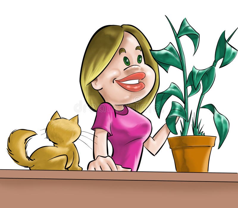 La muchacha, el gato y la planta stock de ilustración La muchacha, el gato y la planta stock de ilustración