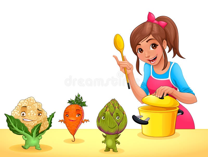 La muchacha está cocinando con tres verduras divertidas ilustración del vector La muchacha está cocinando con tres verduras divertidas ilustración del vector