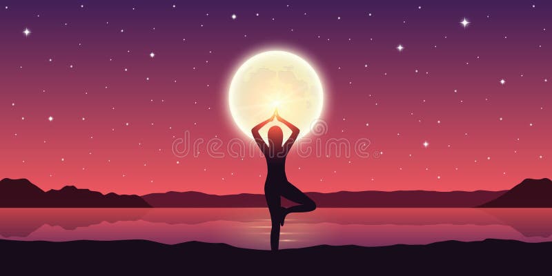 La muchacha hace actitud de la yoga en el lago con la Luna Llena y el cielo dramático stock de ilustración