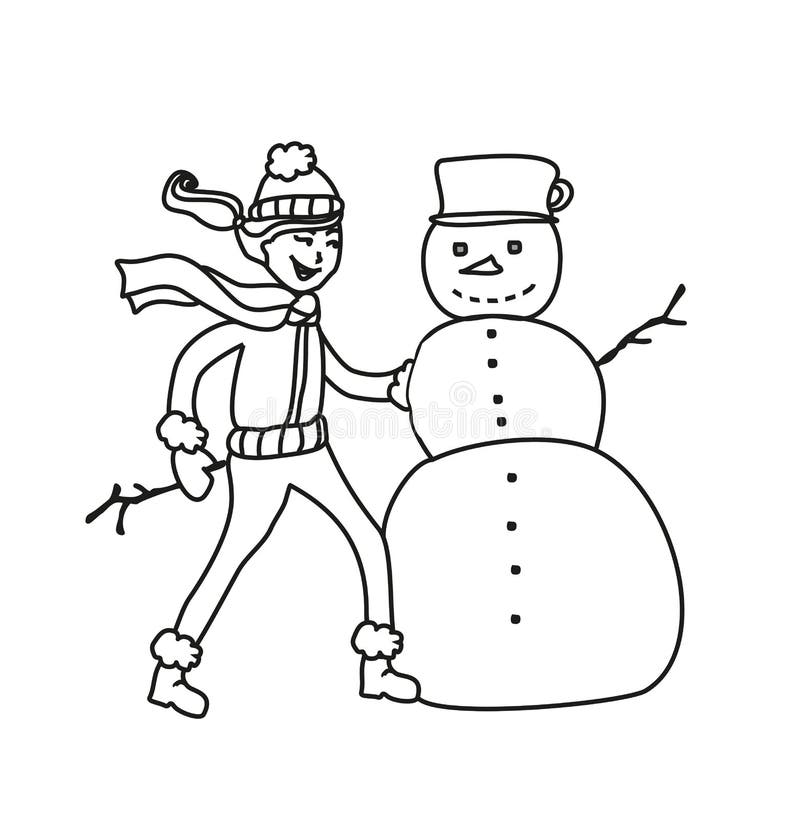 La muchacha hace el muñeco de nieve en invierno ilustración del vector