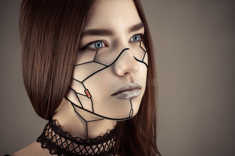 Beautiful girl make up in cyberpunk style isolated on gray background. Beautiful girl make up in cyberpunk style isolated on gray background