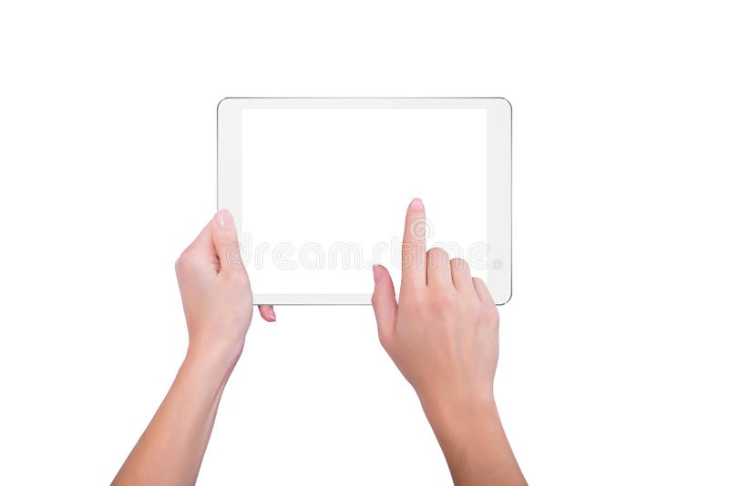 La muchacha sostiene una placa y golpea ligeramente la pantalla foto de archivo libre de regalías La muchacha sostiene una placa y golpea ligeramente la pantalla foto de archivo libre de regalías