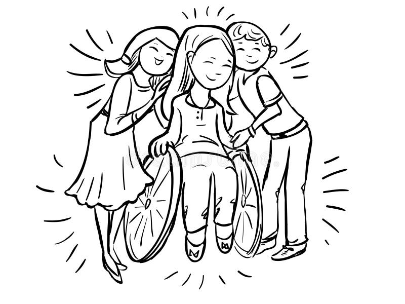 La muchacha y el novio abrazan a una muchacha en silla de ruedas