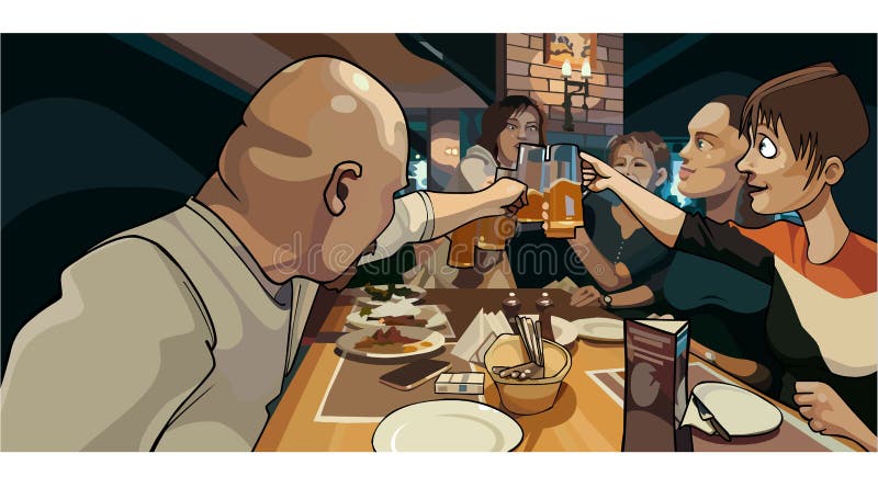 La muchedumbre de la historieta de gente tintinea las tazas al banquete stock de ilustración La muchedumbre de la historieta de gente tintinea las tazas al banquete stock de ilustración