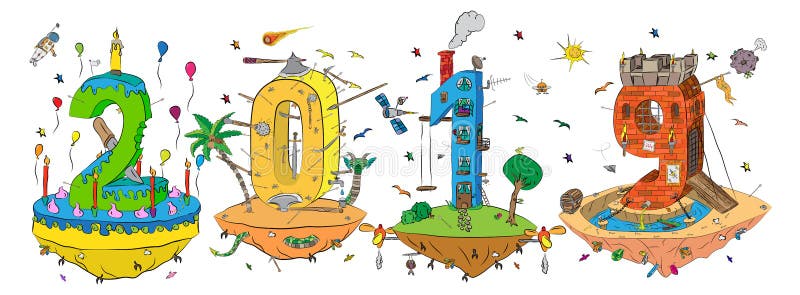 La muestra del Año Nuevo 2019 en estilo de dibujo de la historieta surrealista abstracta con la torta, el castillo, la casa y la libre illustration La muestra del Año Nuevo 2019 en estilo de dibujo de la historieta surrealista abstracta con la torta, el castillo, la casa y la libre illustration