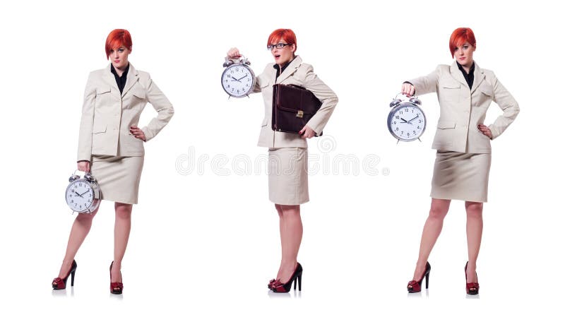 La mujer con el reloj aislado en blanco foto de archivo libre de regalías
