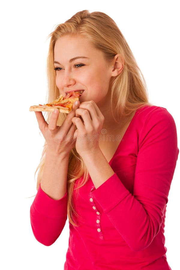 La mujer con la rebanada de pizza deliciosa, no puede esperar para morder en ella fotos de archivo libres de regalías La mujer con la rebanada de pizza deliciosa, no puede esperar para morder en ella fotos de archivo libres de regalías