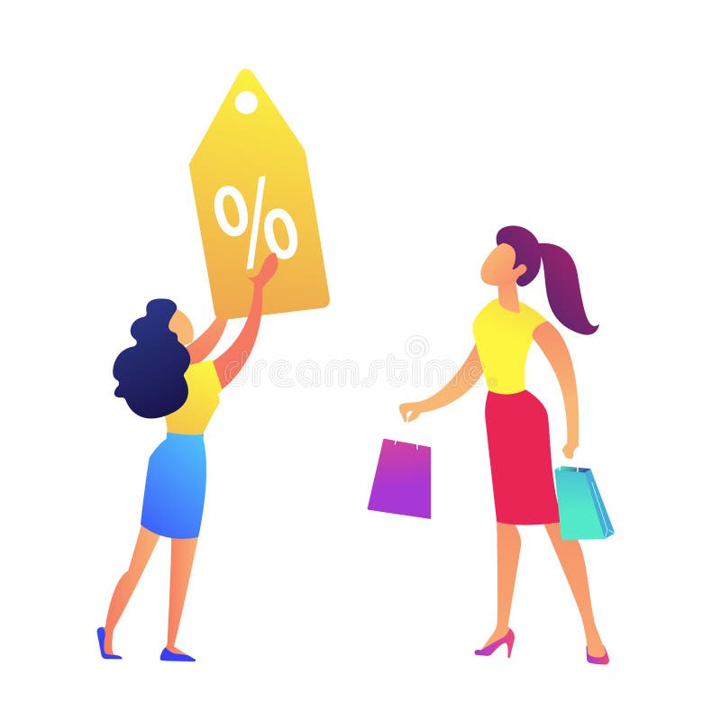 La mujer con los panieres y descuento de la tienda marca el ejemplo del vector con etiqueta ilustración del vector La mujer con los panieres y descuento de la tienda marca el ejemplo del vector con etiqueta ilustración del vector
