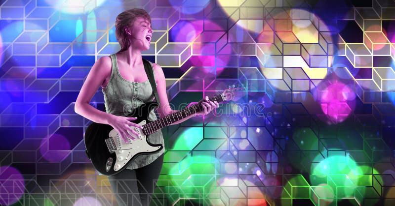 La mujer del músico que toca la guitarra con el partido geométrico enciende la atmósfera del lugar fotografía de archivo libre de regalías La mujer del músico que toca la guitarra con el partido geométrico enciende la atmósfera del lugar fotografía de archivo libre de regalías