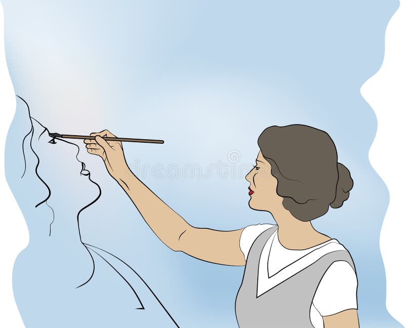 La mujer dibuja el autorretrato en el fondo del color del cielo ilustración del vector La mujer dibuja el autorretrato en el fondo del color del cielo ilustración del vector