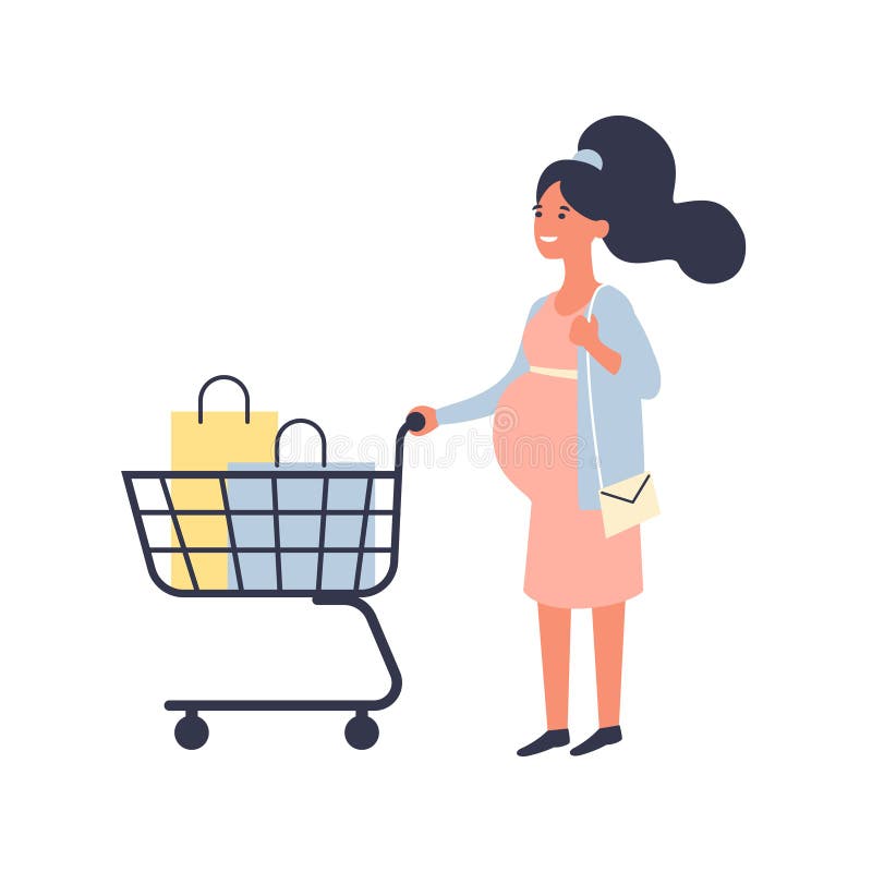 La mujer embarazada con el carro de la compra hace compras en el supermercado Concepto de las compras y del embarazo Ejemplo plan stock de ilustración La mujer embarazada con el carro de la compra hace compras en el supermercado Concepto de las compras y del embarazo Ejemplo plan stock de ilustración